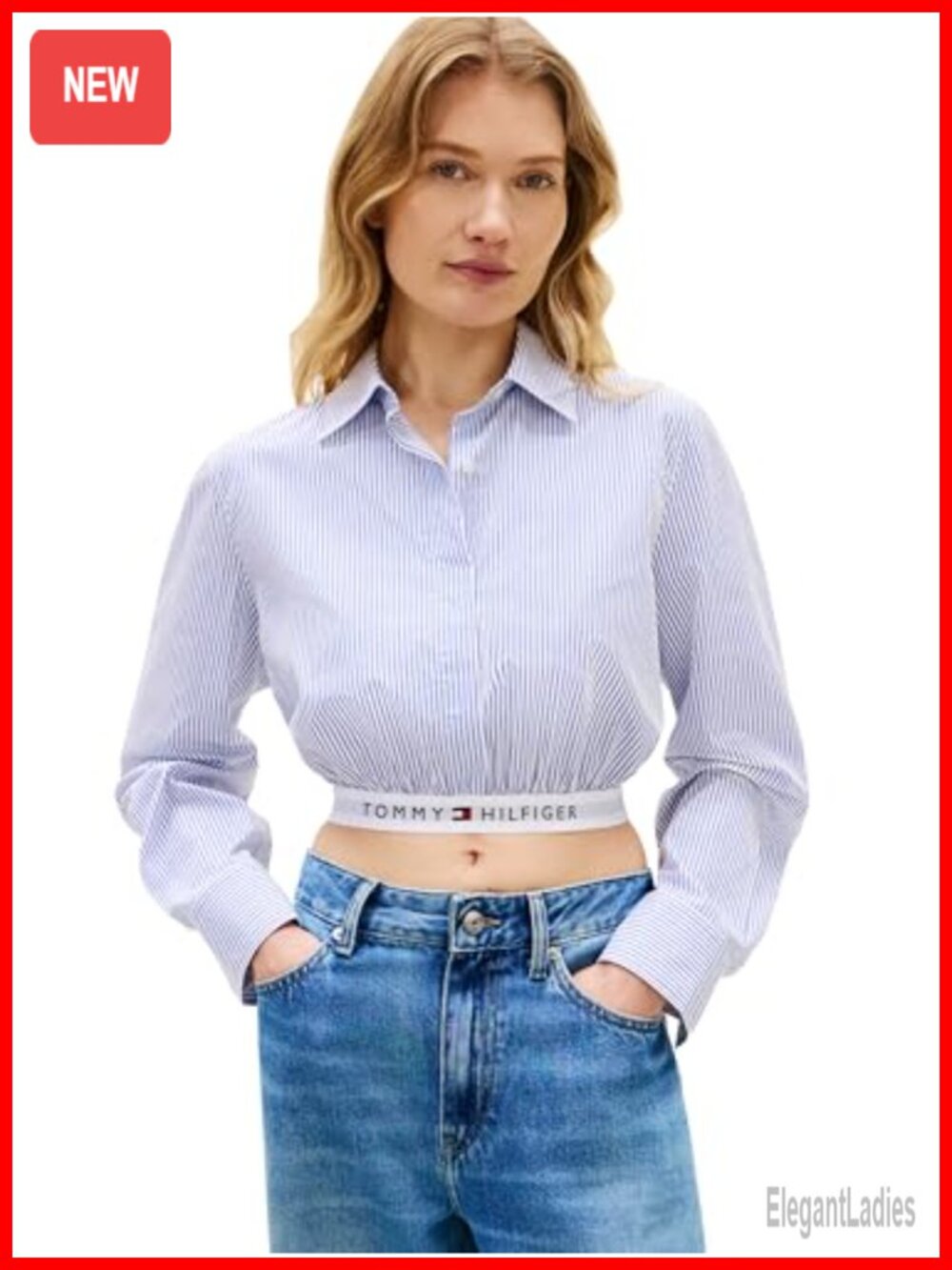 Tommy Hilfiger Women's 100% Cotton Cropped Button Down Shirt Long Sleeve